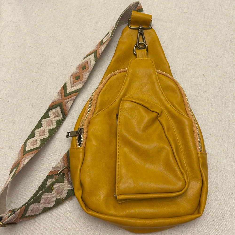 Leather Crossbody Sling Backpack Bag with Patterned Strap